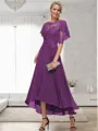 A-line Bateau 1/2 Sleeves Ruffles Asymmetrical Chiffon Mother of the Bride Dress