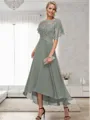 A-line Bateau 1/2 Sleeves Ruffles Asymmetrical Chiffon Mother of the Bride Dress