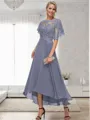 A-line Bateau 1/2 Sleeves Ruffles Asymmetrical Chiffon Mother of the Bride Dress