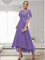 A-line Bateau 1/2 Sleeves Ruffles Asymmetrical Chiffon Mother of the Bride Dress