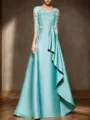 A-line Scoop 3/4 Sleeves Ruffles Floor-Length Satin Mother of the Bride Dress