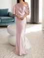 Sheath/Column One-Shoulder 1/2 Sleeves Floor-Length Silk Like Satin Mother of the Bride Dress
