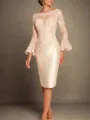 Sheath/Column Satin Applique Scoop Long Sleeves Knee-Length Mother of the Bride Dress