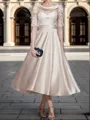 A-Line/Princess Satin Applique Scoop 1/2 Sleeves Tea-Length Mother of the Bride Dress