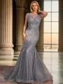 Trumpet/Mermaid Jewel Sweep Train Tulle Sleeveless V Back Mother of the Bride Dresses