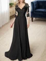A-line/Princess V-neck Floor-Length Chiffon 3/4 Sleeves Covered Button Mother of the Bride Dresses