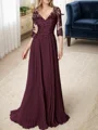 A-line/Princess V-neck Floor-Length Chiffon 3/4 Sleeves Covered Button Mother of the Bride Dresses