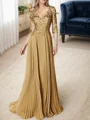 A-line/Princess V-neck Floor-Length Chiffon 3/4 Sleeves Covered Button Mother of the Bride Dresses