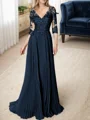A-line/Princess V-neck Floor-Length Chiffon 3/4 Sleeves Covered Button Mother of the Bride Dresses