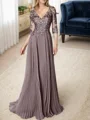A-line/Princess V-neck Floor-Length Chiffon 3/4 Sleeves Covered Button Mother of the Bride Dresses