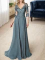 A-line/Princess V-neck Floor-Length Chiffon 3/4 Sleeves Covered Button Mother of the Bride Dresses