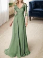 A-line/Princess V-neck Floor-Length Chiffon 3/4 Sleeves Covered Button Mother of the Bride Dresses