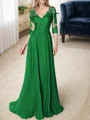 A-line/Princess V-neck Floor-Length Chiffon 3/4 Sleeves Covered Button Mother of the Bride Dresses