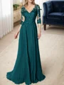 A-line/Princess V-neck Floor-Length Chiffon 3/4 Sleeves Covered Button Mother of the Bride Dresses