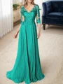 A-line/Princess V-neck Floor-Length Chiffon 3/4 Sleeves Covered Button Mother of the Bride Dresses