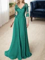 A-line/Princess V-neck Floor-Length Chiffon 3/4 Sleeves Covered Button Mother of the Bride Dresses