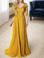 A-line/Princess V-neck Floor-Length Chiffon 3/4 Sleeves Covered Button Mother of the Bride Dresses