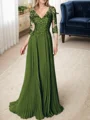 A-line/Princess V-neck Floor-Length Chiffon 3/4 Sleeves Covered Button Mother of the Bride Dresses