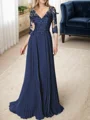 A-line/Princess V-neck Floor-Length Chiffon 3/4 Sleeves Covered Button Mother of the Bride Dresses