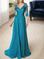 A-line/Princess V-neck Floor-Length Chiffon 3/4 Sleeves Covered Button Mother of the Bride Dresses