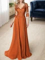 A-line/Princess V-neck Floor-Length Chiffon 3/4 Sleeves Covered Button Mother of the Bride Dresses
