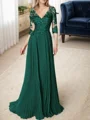 A-line/Princess V-neck Floor-Length Chiffon 3/4 Sleeves Covered Button Mother of the Bride Dresses