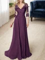 A-line/Princess V-neck Floor-Length Chiffon 3/4 Sleeves Covered Button Mother of the Bride Dresses