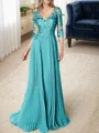 A-line/Princess V-neck Floor-Length Chiffon 3/4 Sleeves Covered Button Mother of the Bride Dresses