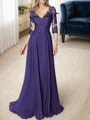 A-line/Princess V-neck Floor-Length Chiffon 3/4 Sleeves Covered Button Mother of the Bride Dresses