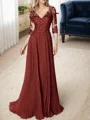 A-line/Princess V-neck Floor-Length Chiffon 3/4 Sleeves Covered Button Mother of the Bride Dresses
