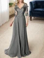 A-line/Princess V-neck Floor-Length Chiffon 3/4 Sleeves Covered Button Mother of the Bride Dresses