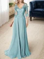 A-line/Princess V-neck Floor-Length Chiffon 3/4 Sleeves Covered Button Mother of the Bride Dresses