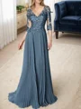 A-line/Princess V-neck Floor-Length Chiffon 3/4 Sleeves Covered Button Mother of the Bride Dresses