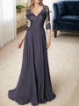 A-line/Princess V-neck Floor-Length Chiffon 3/4 Sleeves Covered Button Mother of the Bride Dresses