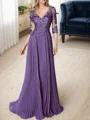 A-line/Princess V-neck Floor-Length Chiffon 3/4 Sleeves Covered Button Mother of the Bride Dresses