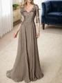 A-line/Princess V-neck Floor-Length Chiffon 3/4 Sleeves Covered Button Mother of the Bride Dresses