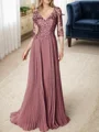 A-line/Princess V-neck Floor-Length Chiffon 3/4 Sleeves Covered Button Mother of the Bride Dresses