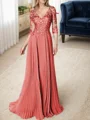 A-line/Princess V-neck Floor-Length Chiffon 3/4 Sleeves Covered Button Mother of the Bride Dresses