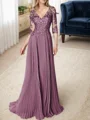 A-line/Princess V-neck Floor-Length Chiffon 3/4 Sleeves Covered Button Mother of the Bride Dresses