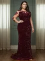 A-line/Princess Velvet Sequins Scoop Long Sleeves Sweep/Brush Train Mother of the Bride Dress