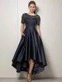 A-line/Princess Satin Scoop Short Sleeves Asymmetrical Mother of the Bride Dress