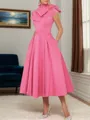 A-line/Princess Satin High Neck Short Sleeves Tea-Length Mother of the Bride Dress