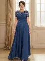 A-line Scoop Short Sleeves Appliques Lace Floor-Length Chiffon Mother of the Bride Dress