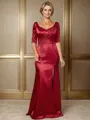 Sheath V-neck 1/2 Sleeves Appliques Lace Floor-Length Silk Like Satin Mother of the Bride Dress
