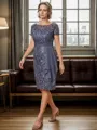 Sheath Scoop Short Sleeves Appliques Lace Knee-Length Chiffon Mother of the Bride Dress
