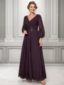 A-line V-neck Long Sleeves Appliques Lace Ankle-Length Chiffon Mother of the Bride Dress