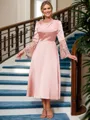 A-line Scoop Long Sleeves Appliques Lace Tea-Length Silk Like Satin Mother of the Bride Dress