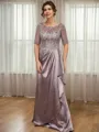 Sheath Scoop 1/2 Sleeves Appliques Lace Floor-Length Silk Like Satin Mother of the Bride Dress