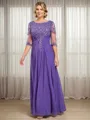 A-line Scoop 1/2 Sleeves Appliques Lace Floor-Length Chiffon Mother of the Bride Dress