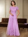 A-line Scoop Short Sleeves Appliques Lace Floor-Length Tulle Mother of the Bride Dress